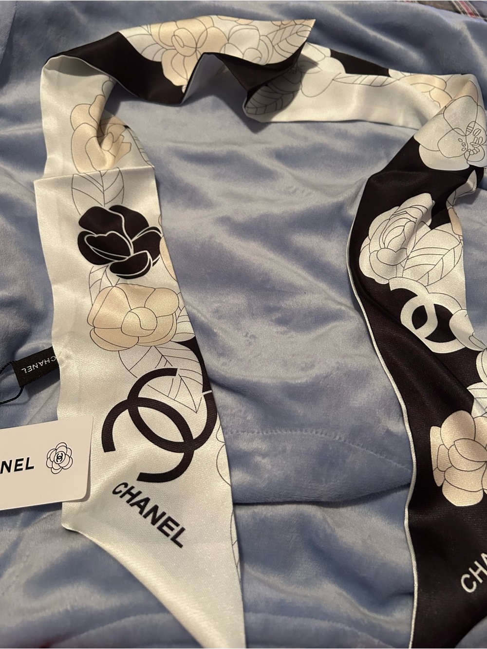 CHANEL Black, White & Cream Camellia Silk Twilly Scarf